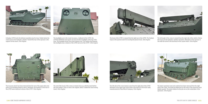 A photo collage of eight USMC Tracked Amphibious Vehicles by Schiffer Publishing, Ltd. displays green armored panels, tracks, and mechanical arms outdoors—ideal for military vehicle or Marine Corps enthusiasts. Each image includes informational text below.