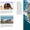 Aerial view of USMC Tracked Amphibious Vehicles from Schiffer Publishing, Ltd. crossing blue ocean with three crew; inset images and text show Marine Corps amphibious vehicles in various terrains and military missions.