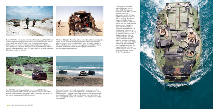Aerial view of USMC Tracked Amphibious Vehicles from Schiffer Publishing, Ltd. crossing blue ocean with three crew; inset images and text show Marine Corps amphibious vehicles in various terrains and military missions.