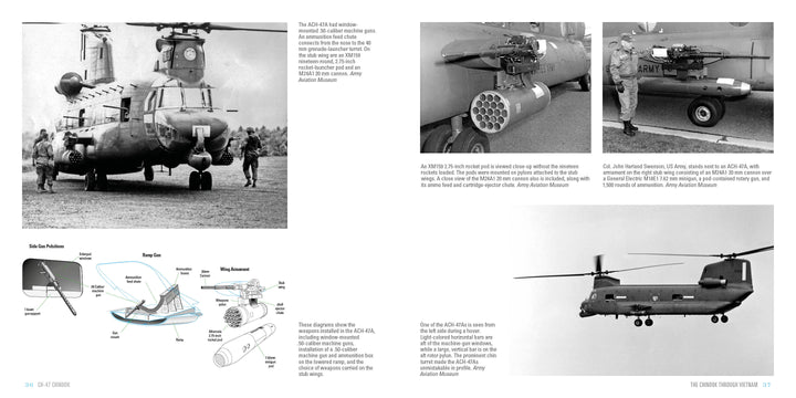 A black and white collage shows soldiers near AH-56 Cheyennes, close-ups of weapon pods, a weapon system diagram, and a Schiffer Publishing CH-47 Chinook cargo helicopter with pod-mounted rockets.