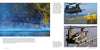 A Schiffer Publishing, Ltd. CH-47 Chinook military helicopter hovers above water with mist and trees in the background; other images depict cargo helicopters landing on a ship and guided by deck crew in yellow uniforms.