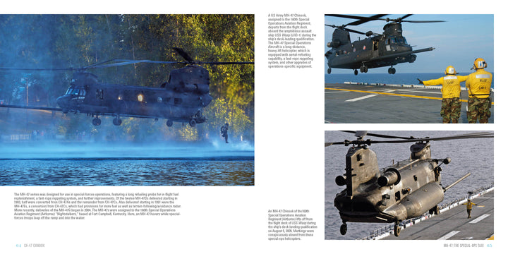 A Schiffer Publishing, Ltd. CH-47 Chinook military helicopter hovers above water with mist and trees in the background; other images depict cargo helicopters landing on a ship and guided by deck crew in yellow uniforms.