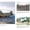A damaged CH-47 Chinook sits on a wet helipad with soldiers nearby; more photos in Schiffer Publishing, Ltd.'s collection show Chinooks delivering supplies and evacuating troops during the Vietnam War.