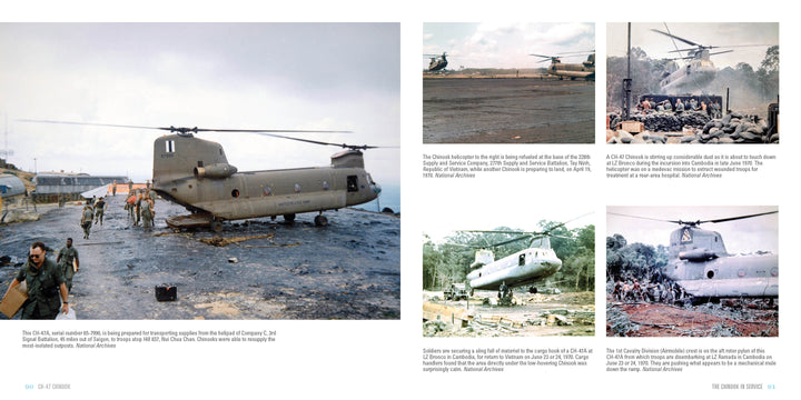 A damaged CH-47 Chinook sits on a wet helipad with soldiers nearby; more photos in Schiffer Publishing, Ltd.'s collection show Chinooks delivering supplies and evacuating troops during the Vietnam War.