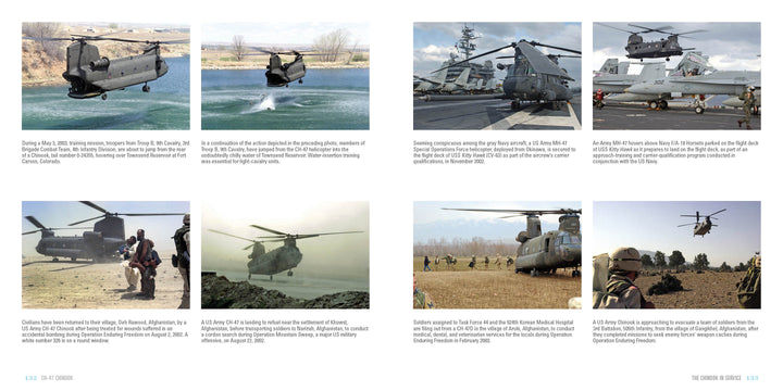 A six-photo collage showcases the CH-47 Chinook by Schiffer Publishing, Ltd. in action—flying, landing, loading, and assisting troops in varied settings like water, airfields, and deserts, with captions for each scene.