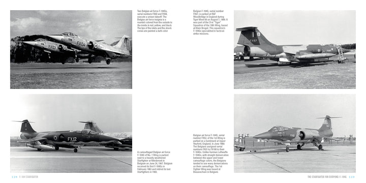 A photographic survey of four black-and-white images features the F-104 Starfighter by Schiffer Publishing, Ltd., showing the jet on airfields from side and front angles, with visible markings, tail numbers, and another military aircraft in view.