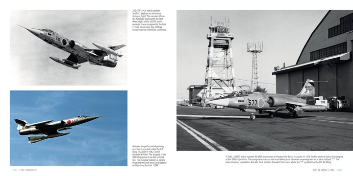 Three aircraft survey images feature the F-104 Starfighter: in flight at an angle, above clouds with a missile, and parked by a control tower with ground crew. Product by Schiffer Publishing, Ltd.
