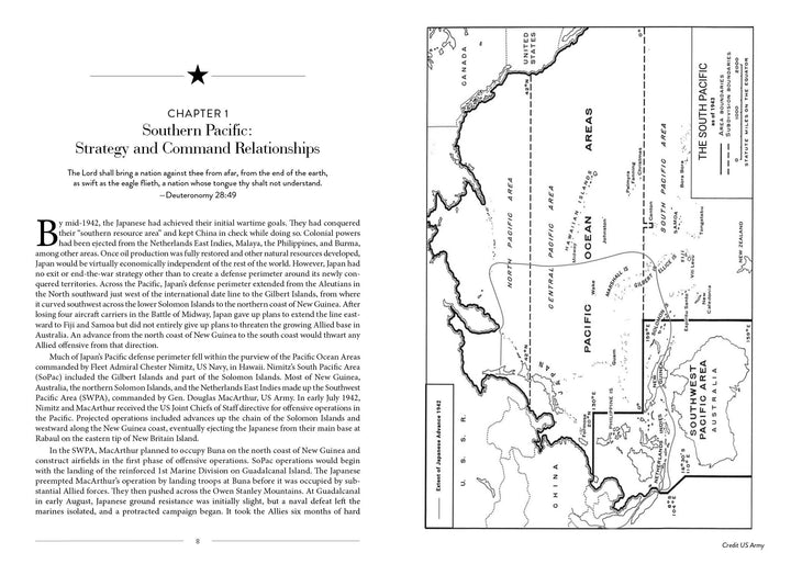 A page from "South Pacific Air War" by Schiffer Publishing, Ltd. displays CHAPTER 1: Southern Pacific: Strategy and Command Relationships on the left, alongside a labeled WWII map of South Pacific military areas and islands, including the New Guinea campaign.