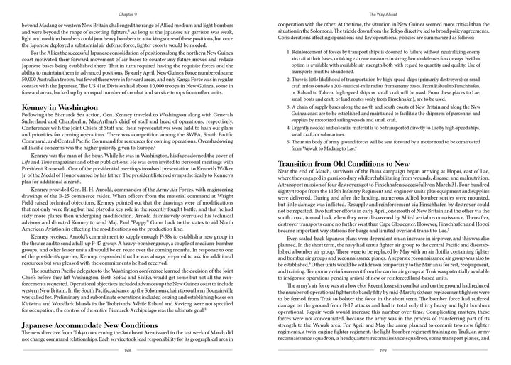 A two-page spread from South Pacific Air War by Schiffer Publishing, Ltd. features dense text with section headings and paragraphs on military strategy in the New Guinea campaign and changing operational conditions. No images are included.