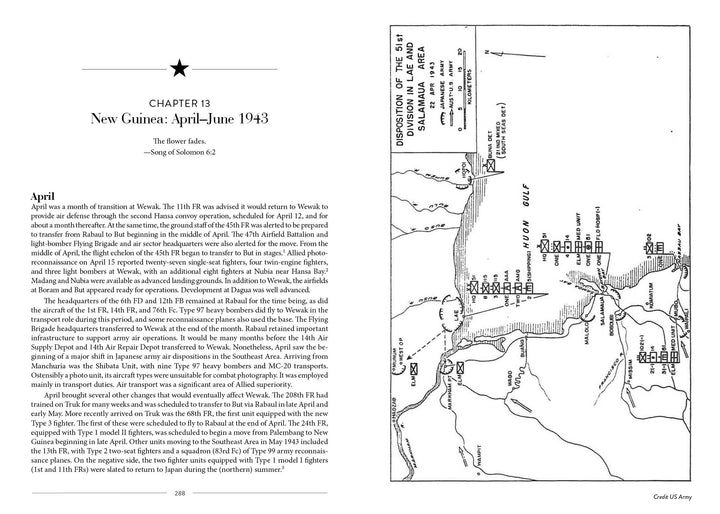 A black-and-white book page from "South Pacific Air War" by Schiffer Publishing, Ltd. features text on the New Guinea campaign (Apr–Jun 1943) and a WWII Buna map showing battle lines, troop positions, and key locations.