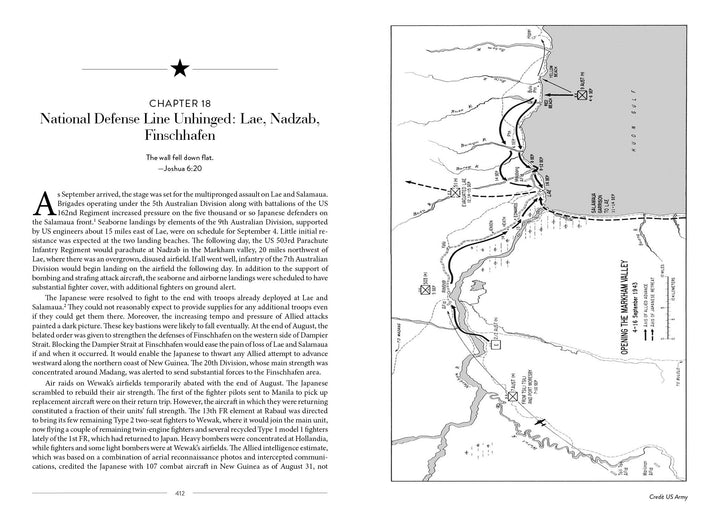A page from South Pacific Air War by Schiffer Publishing, Ltd. shows Chapter 18, "National Defense Line Unhinged: Lae, Nadzab, Finschhafen,” about WWII’s New Guinea campaign, with text on the left and a wartime map of northeastern New Guinea on the right.