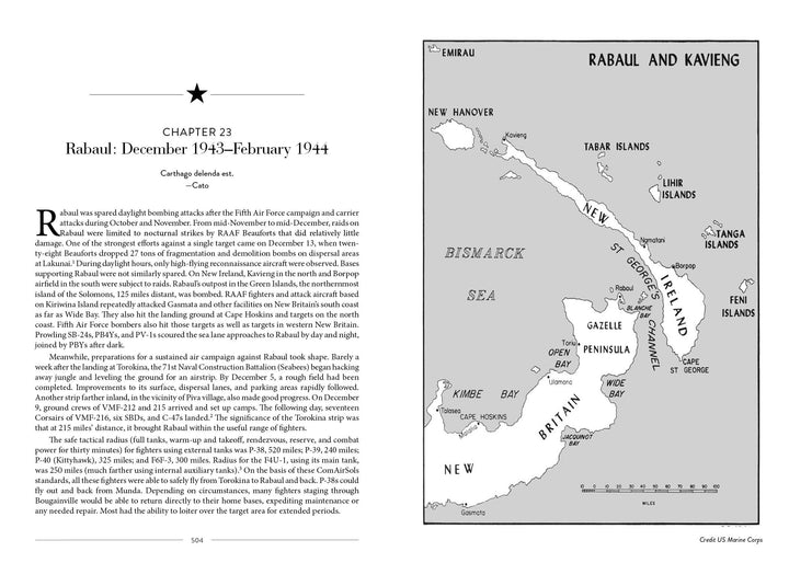 A spread from South Pacific Air War by Schiffer Publishing, Ltd. shows text about Rabaul in the New Guinea campaign on the left and a black-and-white map of northeastern New Guinea, New Britain, and nearby islands, highlighting Rabaul and Kavieng, on the right.