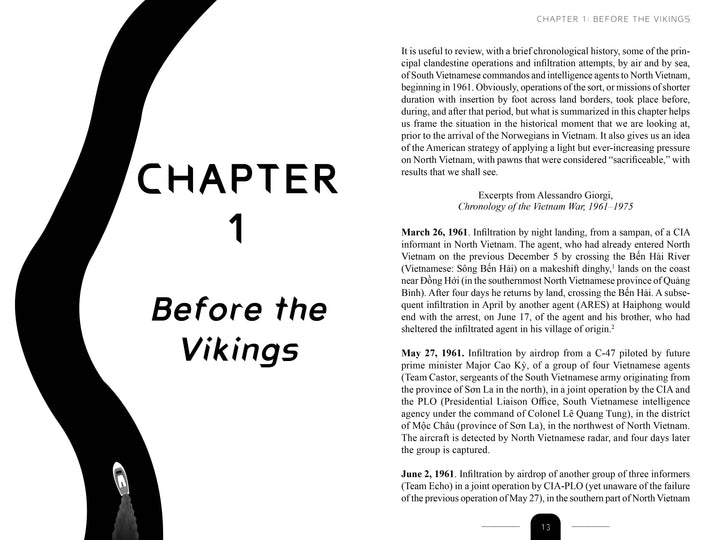 An open book, Vikings in Vietnam by Schiffer Publishing, Ltd., shows Chapter 1: Before the Vikings. The left page has the chapter title and intro; the right page discusses CIA covert ops and entries on North Vietnam infiltration in the early Vietnam War.