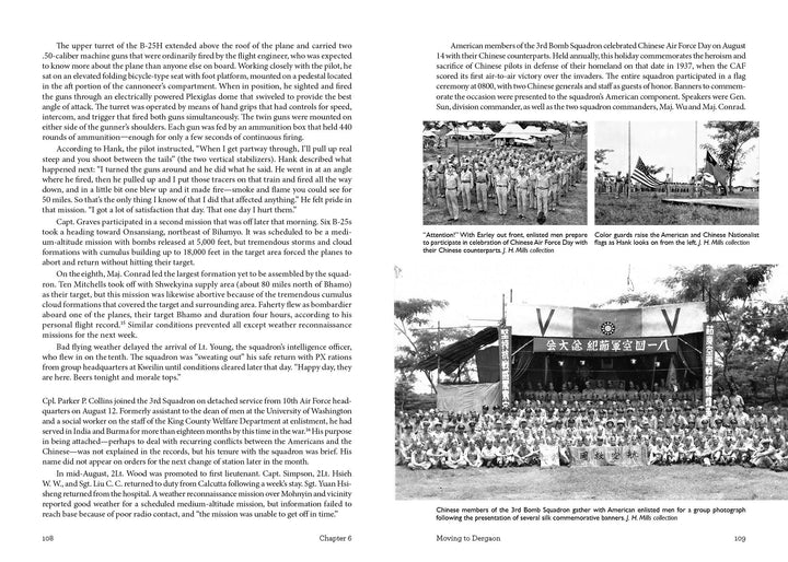 A black and white spread from "The Spray and Pray Squadron" by Schiffer Publishing, Ltd. showcases text on the B-25J and US-China WWII efforts in the CBI theater, plus five historic photos of US/Chinese airmen, group portraits, and a stage ceremony with banners.