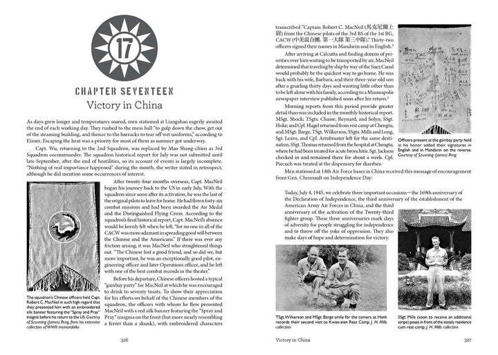Two pages from Schiffer Publishing, Ltd.'s "The Spray and Pray Squadron." The left has a chapter heading, text, and two black-and-white photos; the right shows text and photos, one of soldiers and another of a China-Burma-India theater officer.
