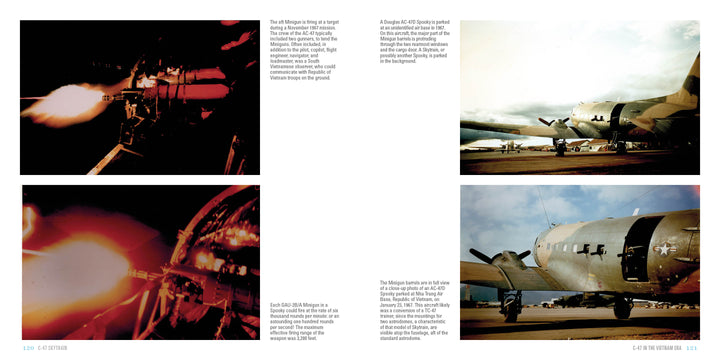 Four images: two depict fiery gunfire from aircraft at night; two show C-47 Skytrain WWII transport planes on the ground by day, with close-ups on their fuselage, propellers, and markings. Product by Schiffer Publishing, Ltd.