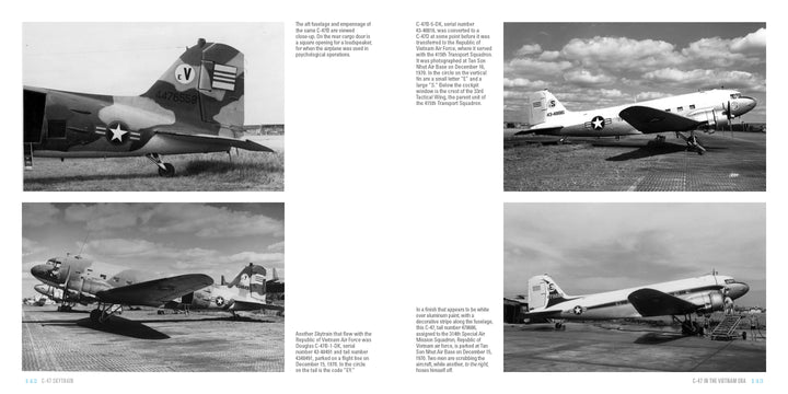 Four black-and-white photos of WWII C-47 Skytrain transport aircraft on airfields, featuring US Air Force insignia, close-ups, and side views under open skies. Product by Schiffer Publishing, Ltd.