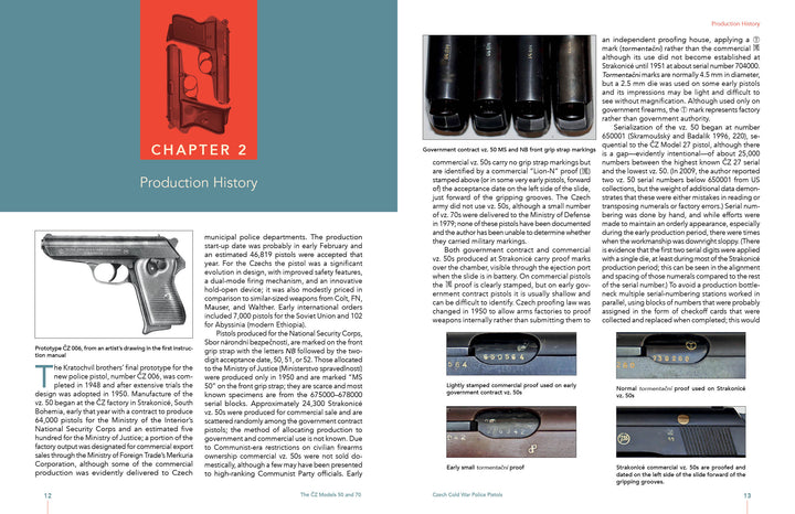 A two-page spread from Schiffer Publishing, Ltd.'s "The ČZ Models 50 and 70" showcases images of the Czech vz. 50 pistol, barrels, engravings, and discusses handgun production, proof marks, and safety feature developments.