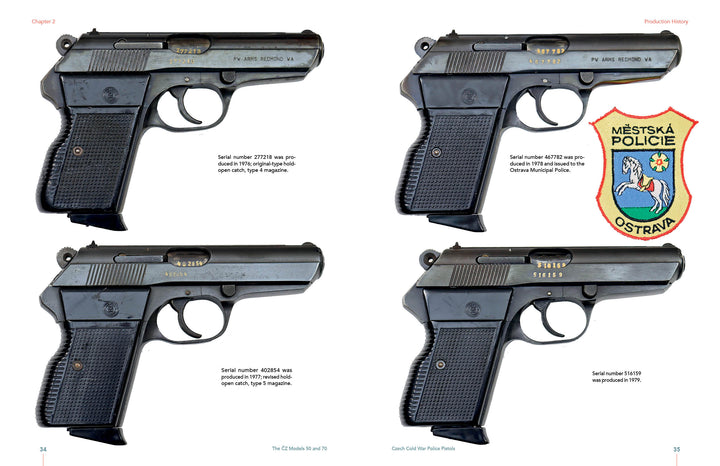 Four black semi-automatic pistols, including Czech ČZ Models 50 and 70, are displayed with short descriptions. To the right is a colorful Městská Policie Ostrava shield patch. Product by Schiffer Publishing, Ltd.