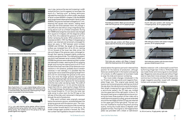 A magazine spread features close-ups of pistol grip styles, detailing grooves and textures, and explains each ČZ handgun, including the Czech vz. 50 and vz. 70, from "The ČZ Models 50 and 70" by Schiffer Publishing, Ltd.