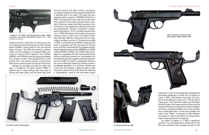 A spread from Schiffer Publishing's "The ČZ Models 50 and 70" displays detailed photos of a disassembled and assembled vz. 50, including part close-ups, serial numbers, text on the left page, and angled pistol views on the right.