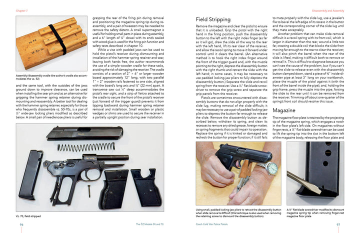 Schiffer Publishing, Ltd.'s "The ČZ Models 50 and 70" highlights the classic Czech vz. 50 police pistol design, featuring detailed views of the ČZ handgun and its magazine.