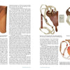 A magazine pouch, a belt holster, and two tan leather shoulder holsters for the Czech vz. 50 police pistol are shown on an open page from "The ČZ Models 50 and 70" by Schiffer Publishing, Ltd., featuring text on holsters and accessories.