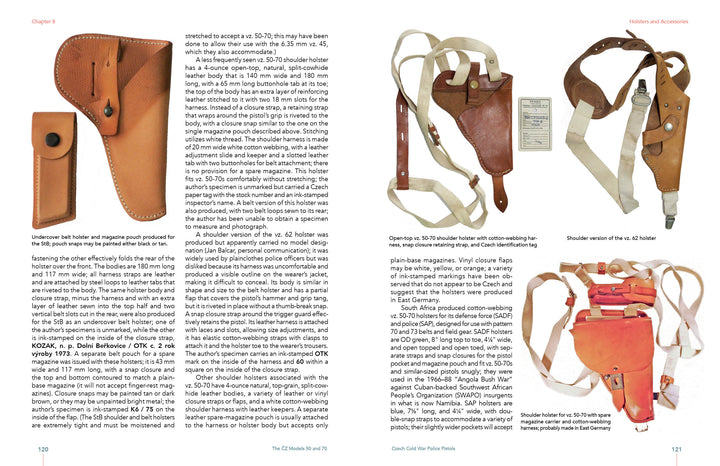 A magazine pouch, a belt holster, and two tan leather shoulder holsters for the Czech vz. 50 police pistol are shown on an open page from "The ČZ Models 50 and 70" by Schiffer Publishing, Ltd., featuring text on holsters and accessories.