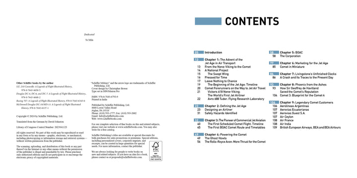 Table of contents page for De Havilland DH.106 Comet by Schiffer Publishing, Ltd., listing chapters on the Jet Age, the first commercial jet airliner, illustrated aircraft history, airlines, and author section in black and blue text.