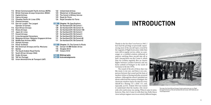 A book spread from "De Havilland DH.106 Comet" by Schiffer Publishing, Ltd. shows a table of contents with airline names and chapters, and an introduction page with a black-and-white photo of people by the first commercial jet airliner.