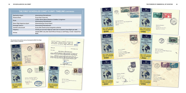 An open book from Schiffer Publishing, Ltd. features vintage airmail envelopes on the right page and an illustrated history, flight timeline, and two boarding passes for the De Havilland DH.106 Comet—the first commercial jet airliner—on the left.