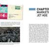 A Schiffer Publishing, Ltd. book spread features vintage airmail envelopes, a jet engine photo, and a 1952 De Havilland DH.106 Comet ad with flight attendant and plane artwork, highlighting the marketing of the first commercial jet airliner.