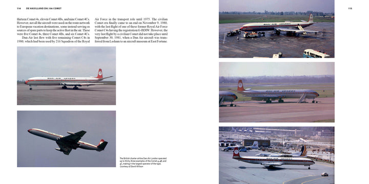 A collage features vintage Japan Air Lines aircraft history, highlighting the De Havilland DH.106 Comet by Schiffer Publishing, Ltd. on runways and in flight, adorned in classic mid-20th-century liveries.