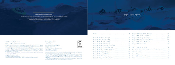 A spread from "Great Maritime Patrol Aircraft of the World" by Schiffer Publishing, Ltd. shows a canoe at sea with people, a classic warbird above, credits and publishing info on the left, table of contents on the right, and a blue color scheme.
