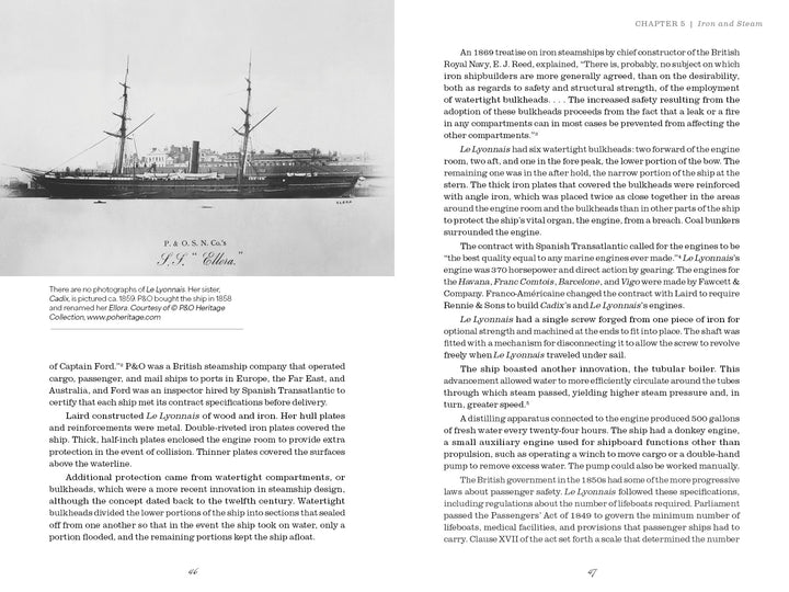 A black-and-white illustration of a steamship appears above a historical caption in "The Adriatic Affair" by Schiffer Publishing, Ltd., with the open book discussing 19th-century steamships and events like Le Lyonnais's shipwreck.