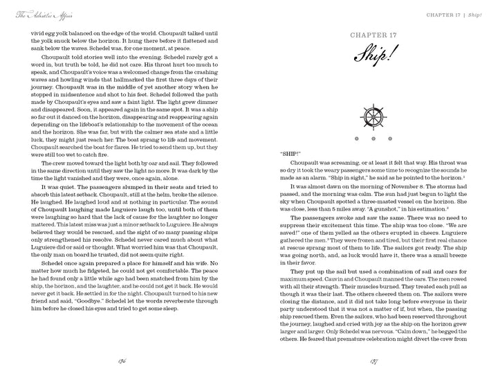 An open book shows chapter 17, “Ship!” from The Adriatic Affair by Schiffer Publishing, Ltd., where a character watches the sea at night—evoking shipwreck stories like Le Lyonnais and Jonathan Durham’s. The left page ends the prior chapter’s narrative.