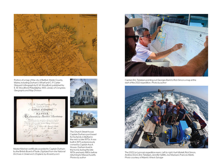 A collage for "The Adriatic Affair" by Schiffer Publishing, Ltd.: a vintage map, captain with chart, mariner certificate, Jonathan Durham house, people on a dock, and a group preparing near the Le Lyonnais shipwreck site.