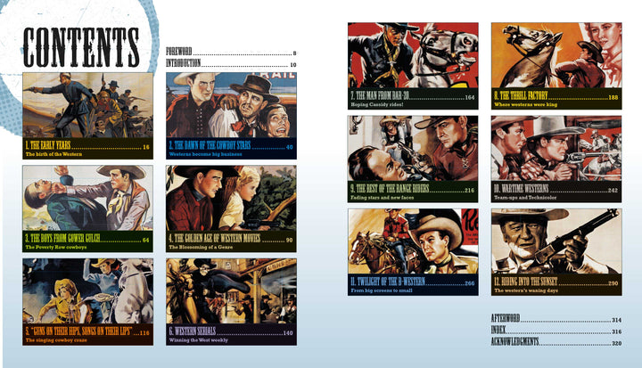 The Art of the Classic Western Movie Poster by Schiffer Publishing, Ltd. features a two-page contents table with vintage Western illustrations, classic poster-inspired section titles like “Great Lawmen,” “Women of the West,” and episode descriptions with page numbers.