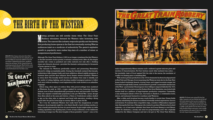 A two-page spread from "The Art of the Classic Western Movie Poster" by Schiffer Publishing, Ltd. features text, a black-and-white photo from The Great Train Robbery, and vivid poster art depicting a dramatic train robbery scene.
