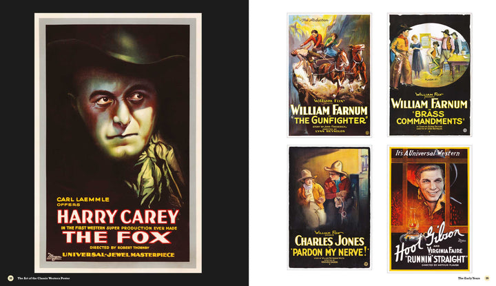 Discover "The Art of the Classic Western Movie Poster" by Schiffer Publishing, Ltd.—a collage featuring “The Fox” with Harry Carey and four classic gems, each displaying iconic western movie art and legendary film titles.