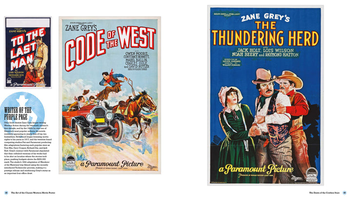 The Art of the Classic Western Movie Poster from Schiffer Publishing, Ltd. showcases vintage posters like To the Last Man, Code of the West with a cowboy chasing a car, and The Thundering Herd with three Western-clad characters.