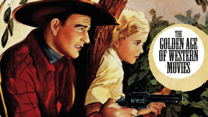 A man in a cowboy hat and a blonde woman crouch with a revolver behind bushes, capturing the classic drama featured in "The Art of the Classic Western Movie Poster" by Schiffer Publishing, Ltd., in vintage western poster style.
