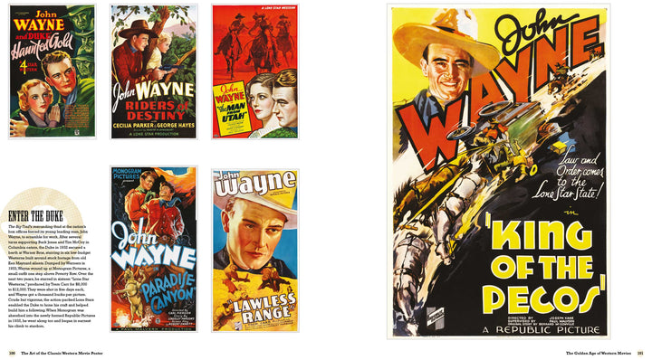 The Art of the Classic Western Movie Poster" by Schiffer Publishing, Ltd. features iconic posters from timeless John Wayne Westerns like King of the Pecos, Lawless Range, and Paradise Canyon—a tribute to bold, dramatic movie poster art.