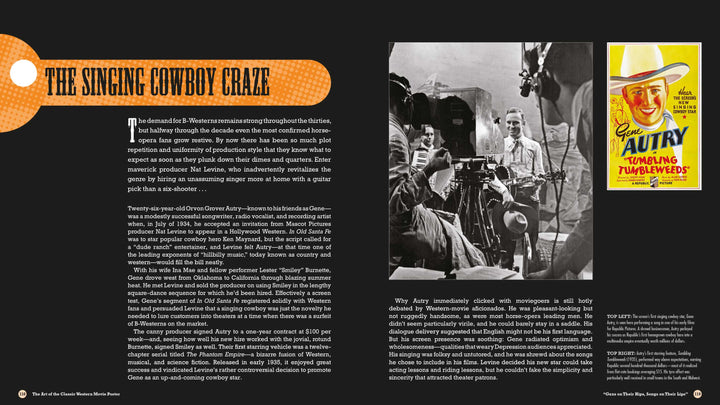 A two-page spread from "The Art of the Classic Western Movie Poster" by Schiffer Publishing, Ltd. features Gene Autry and the singing cowboy craze, plus a vintage “Gene Autry Tumbling Tumbleweeds” film poster.