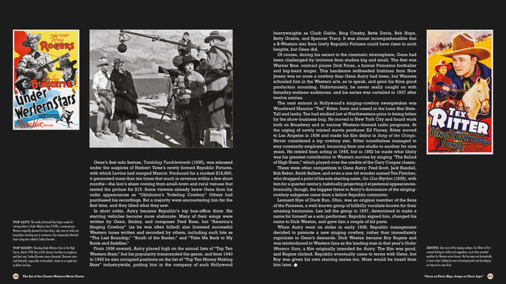 A two-page spread from Schiffer Publishing, Ltd.’s "The Art of the Classic Western Movie Poster" showcases vintage movie posters, singing cowboy text, and a photo of actors on a desert set with bold titles and colorful Western artwork.