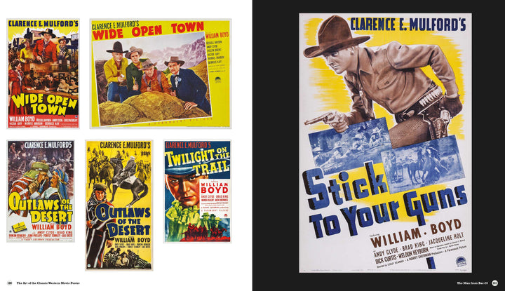 The Art of the Classic Western Movie Poster by Schiffer Publishing, Ltd. showcases a collage of bold western film posters featuring cowboys, horses, and dramatic scenes from classics like 'Wide Open Town' and 'Twilight on the Trail.'.