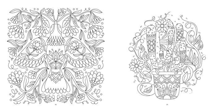 Featured in the "Beautiful World Coloring Book" by Schiffer Publishing, Ltd., this outlined design has stylized birds, flowers, and a potted cactus with fine floral patterns—perfect for adults who enjoy intricate coloring.