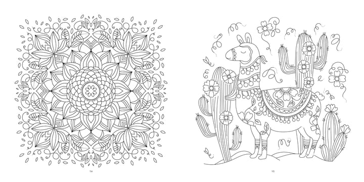 Discover intricate floral mandalas and a decorated llama amid cacti in the Beautiful World Coloring Book by Schiffer Publishing, Ltd.—perfect detailed patterns for adult coloring enthusiasts.