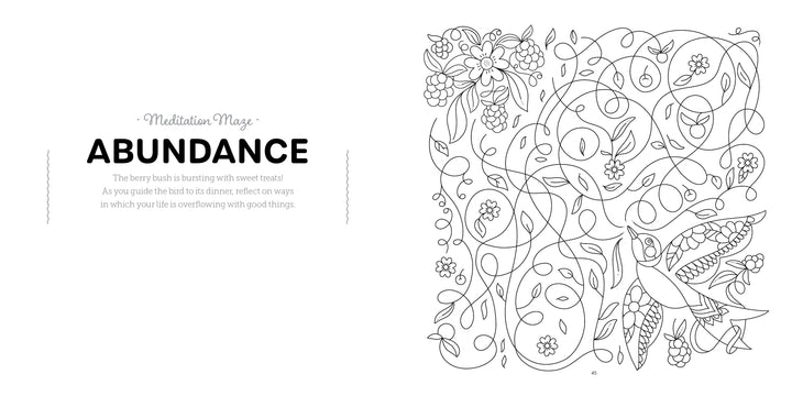 Left: “Abundance” and a gratitude meditation. Right: A black-and-white bird among floral patterns—vines, berries, flowers, leaves—ideal for adults to color. From Beautiful World Coloring Book by Schiffer Publishing, Ltd.