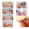 Step-by-step photo guide for assembling a snow globe tumbler, perfect for Sublimation Crafting by Schiffer Publishing, Ltd. Shows applying glue, UV resin, attaching the lid, sealing, adding glitter solution, and cleaning the rim.